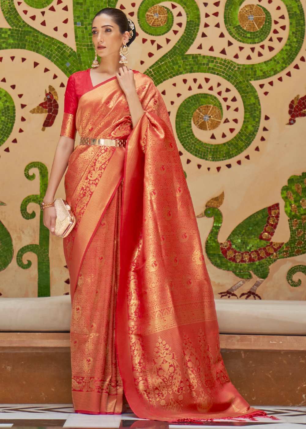 Buy MySilkLove Salmon Red Zari Woven Kanjivaram Saree Online