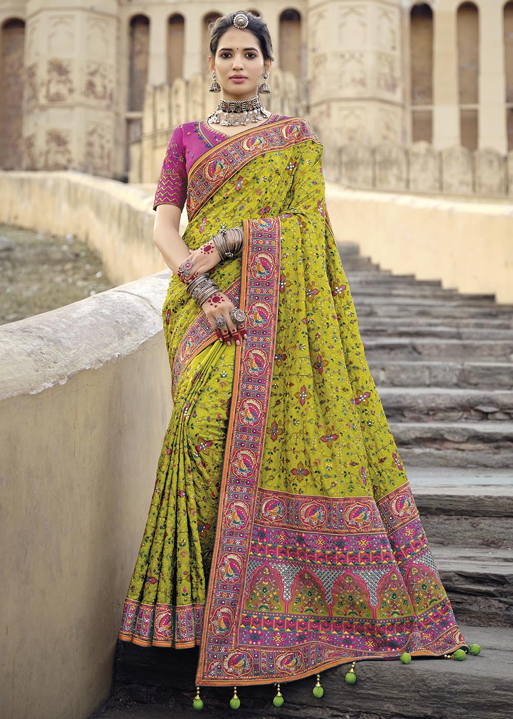 Buy MySilkLove Turmeric Green and Pink Banarasi Saree with Kachhi,Mirror and Diamond Work Online