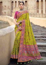Turmeric Green and Pink Banarasi Saree with Kachhi,Mirror and Diamond Work