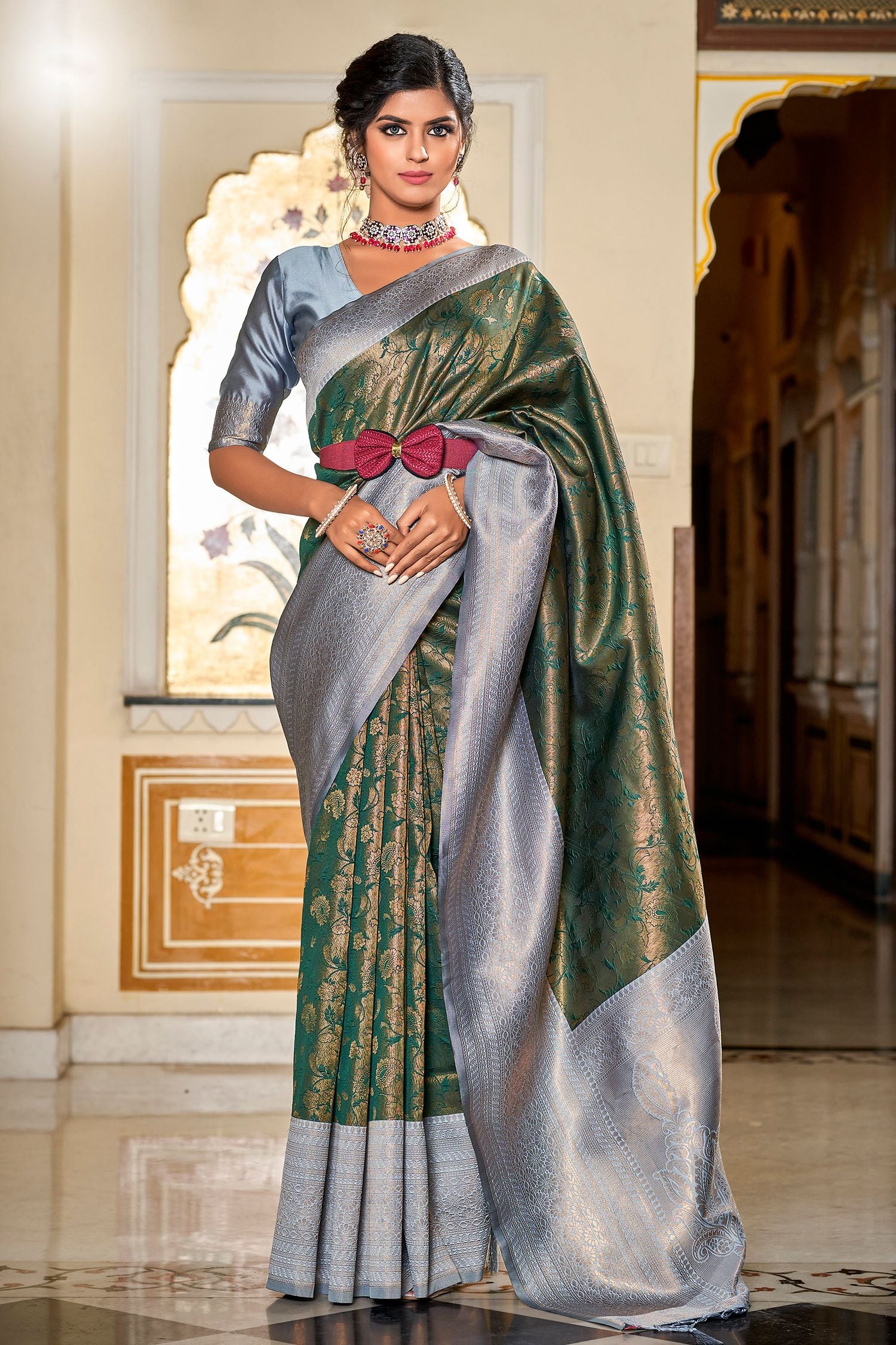 Buy MySilkLove Siam Green Silver Woven Banarasi Silk Saree Online