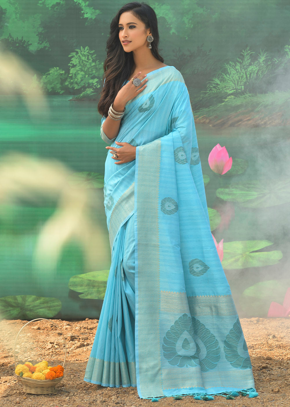 Buy MySilkLove Viking Blue Banarasi Jacquard Silk Saree Online