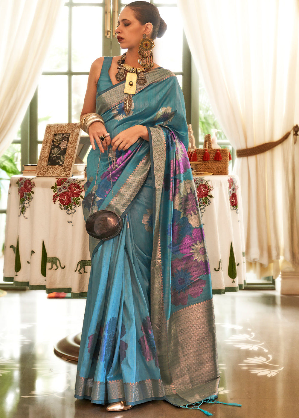 Buy MySilkLove Winter Dream Blue Woven Handloom Banarasi Silk Saree Online
