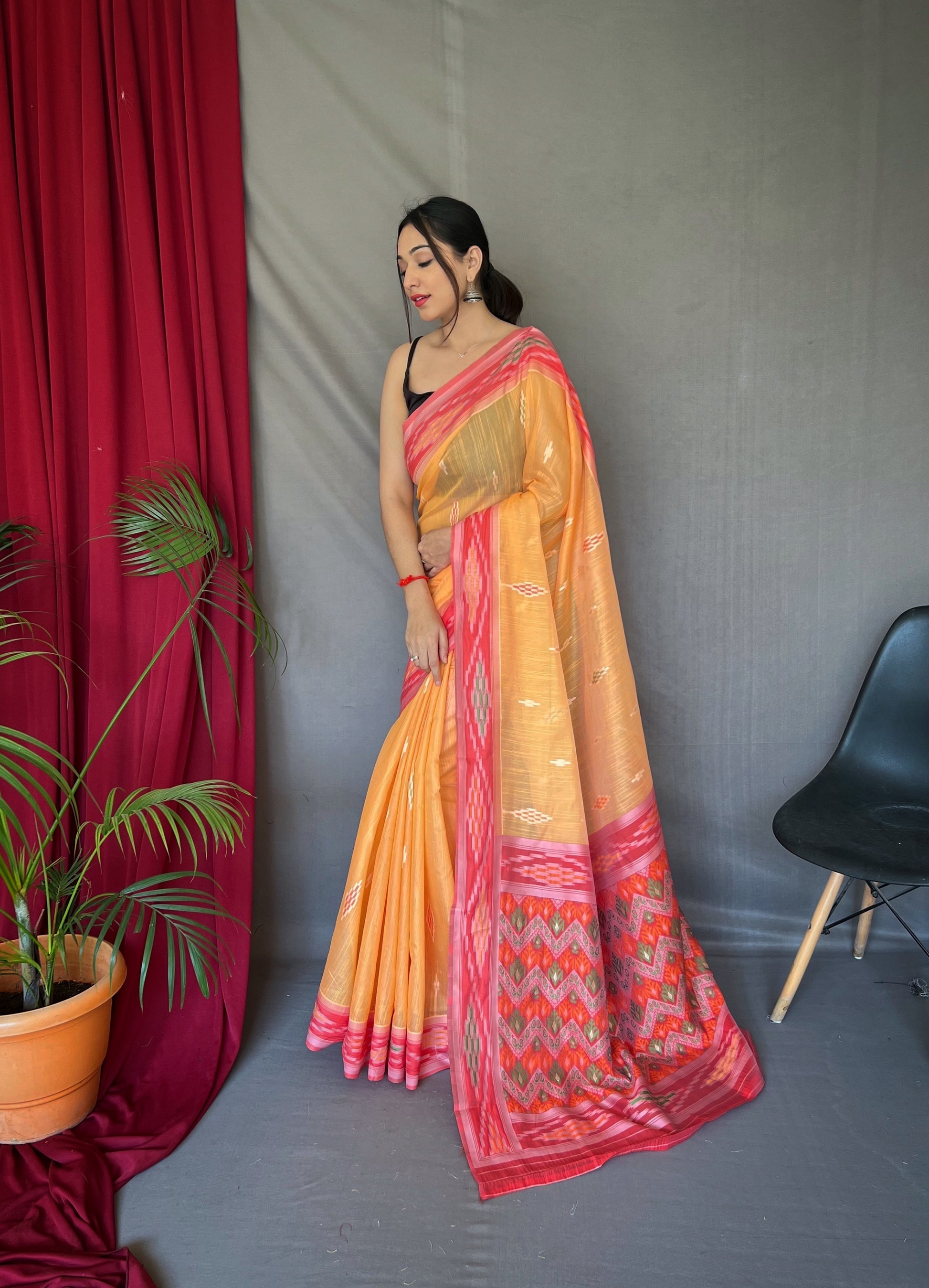 MySilkLove Rajah Orange Ikat Woven Cotton Silk Saree