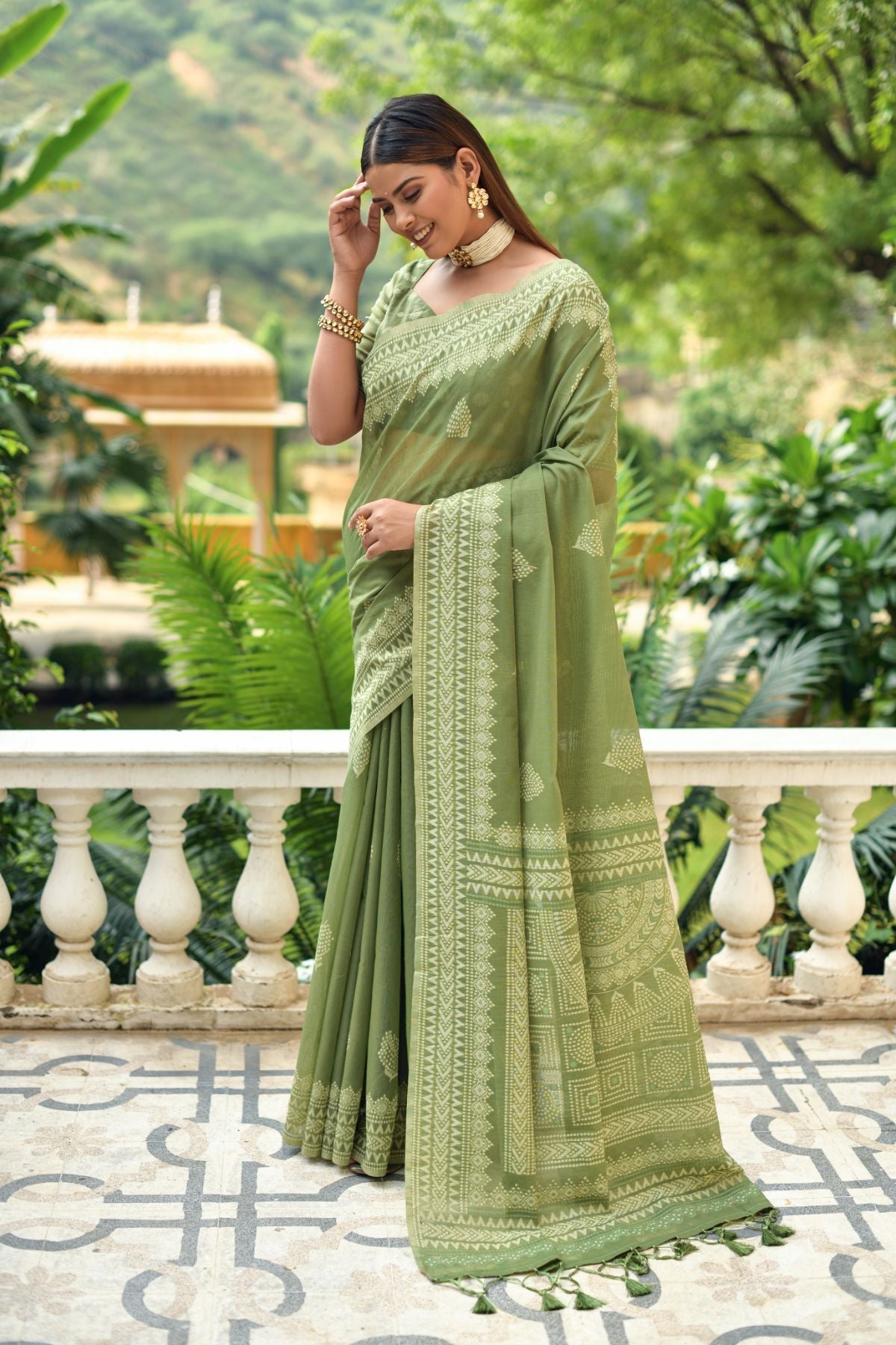 Buy MySilkLove Verdigris Green Lucknowi Cotton Saree Online