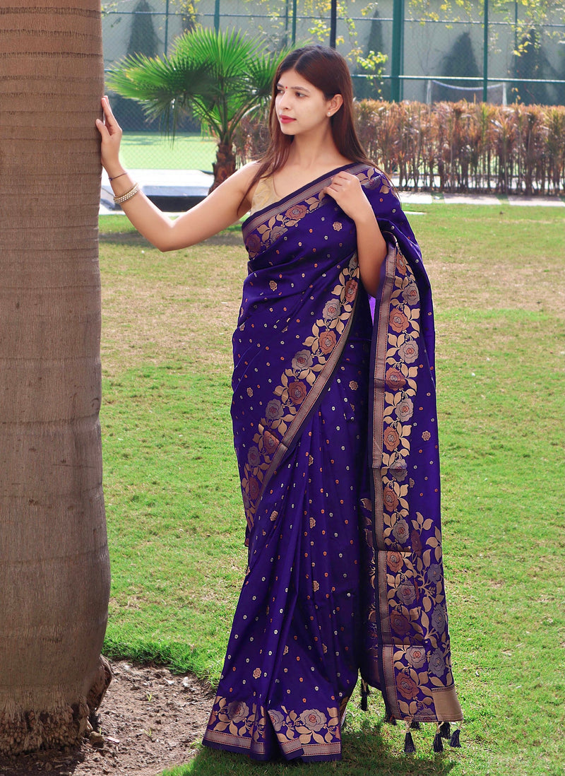 Navy Blue Pure Soft Banarasi Silk Saree