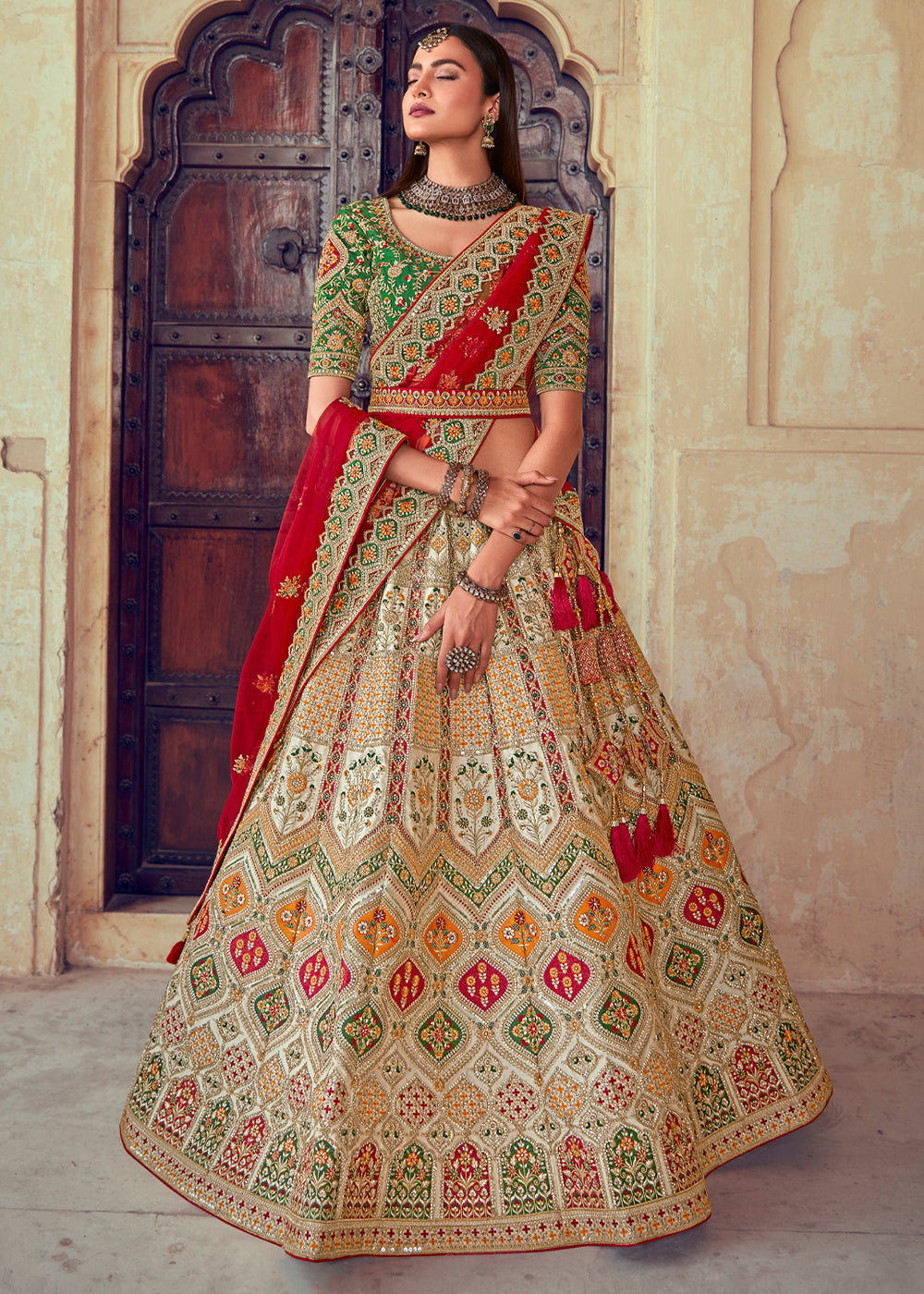 Buy MySilkLove Cognac Red and Green Heavy Embroidered Designer Lehenga Online