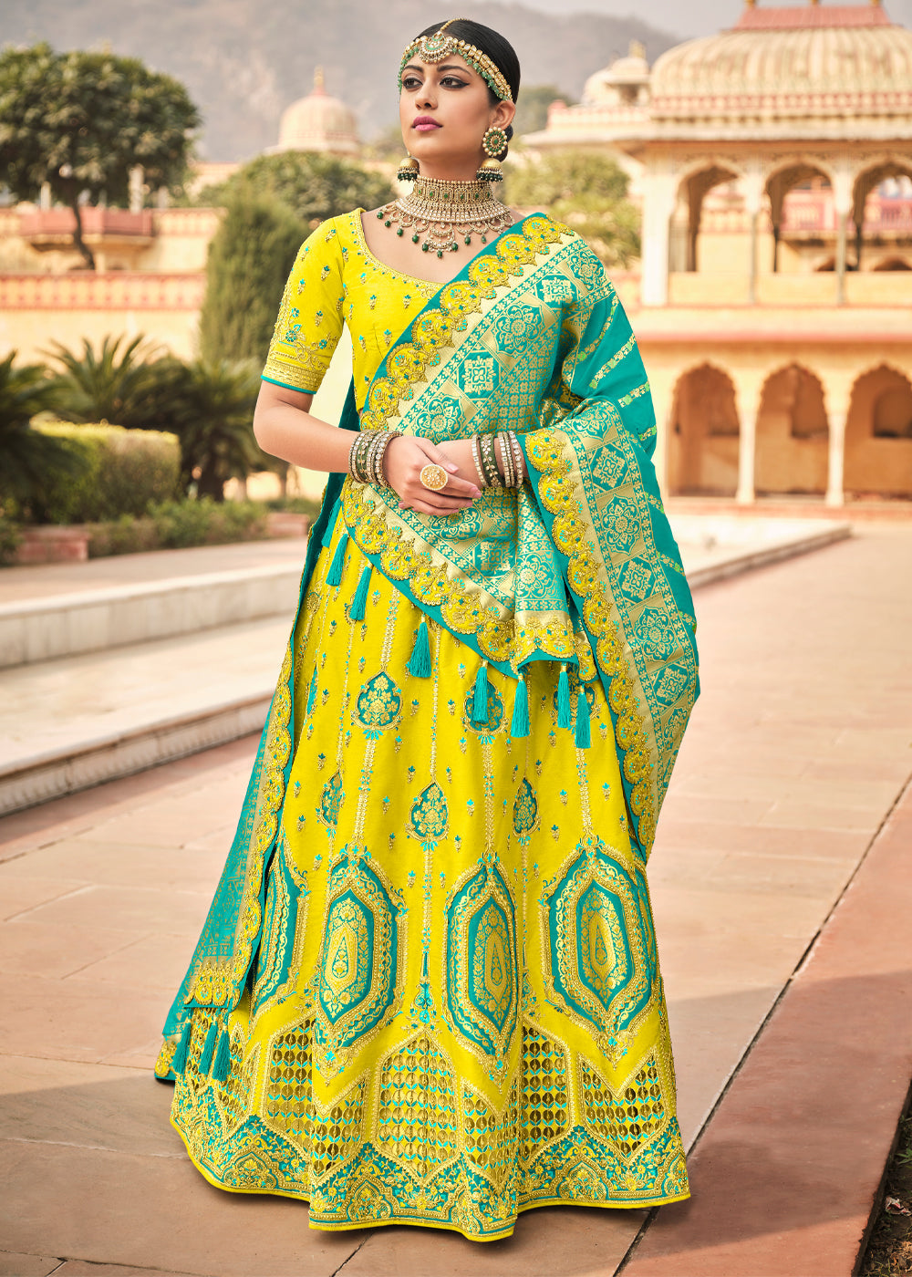 Buy MySilkLove Lemon Yellow and Blue Heavy Designer Embroidered Lehenga Online