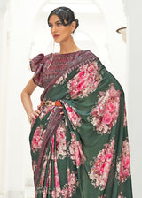 Spanish Green and Pink Kalamkari Printed Crepe Saree