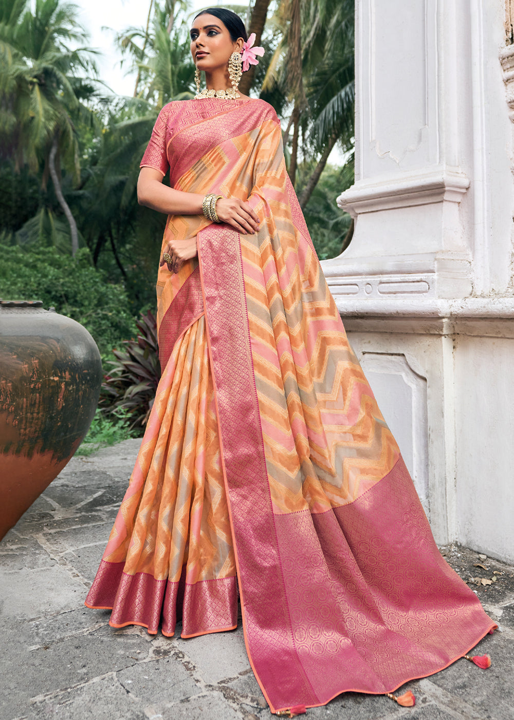 Wewak Pink and Orange Woven Organza Banarasi Silk Saree