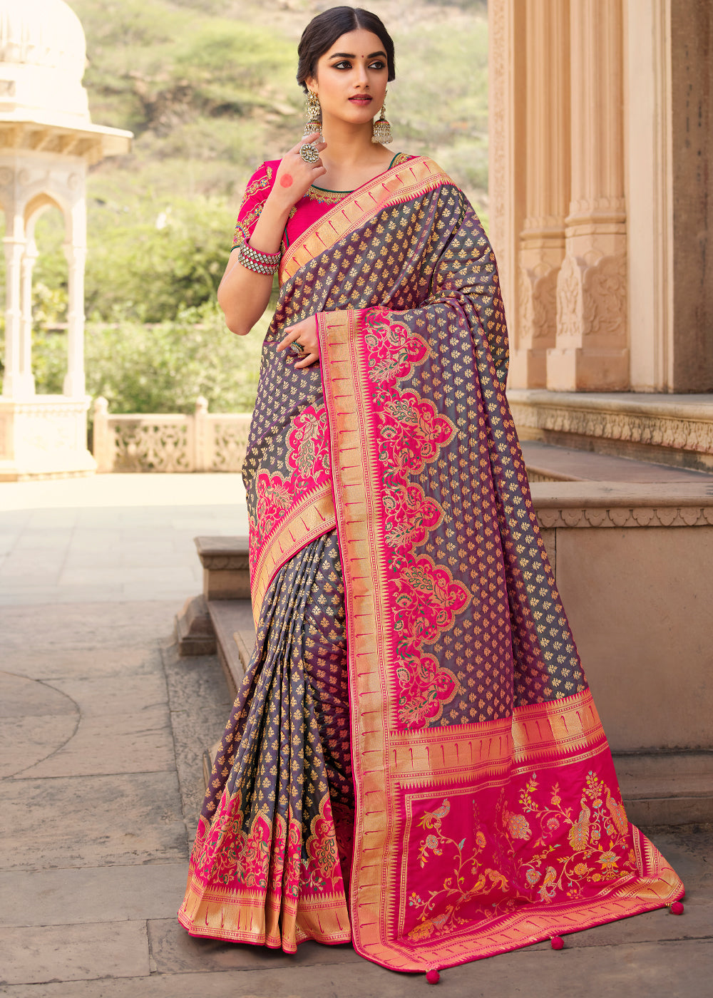 Buy MySilkLove Spicy Purple and Pink Zari Woven Banarasi Saree with Designer Blouse Online