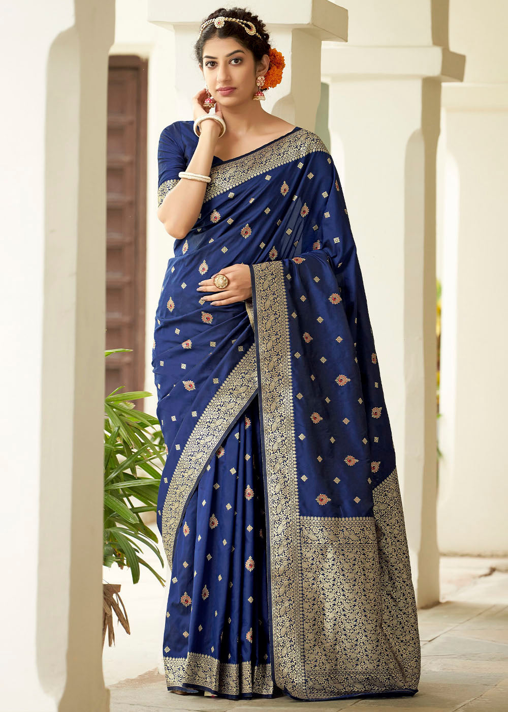 Buy MySilkLove Fiord Blue Zari Woven Banarasi Silk Saree with Butti Work Online