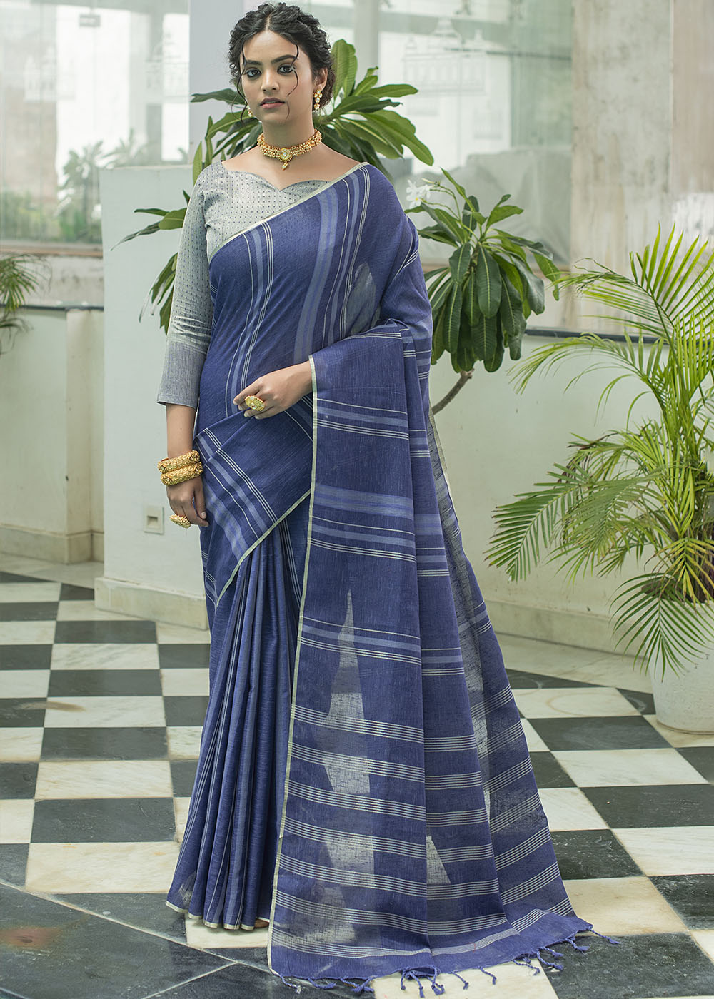 Buy MySilkLove San Juan Blue Zari Woven Striped Linen Saree Online