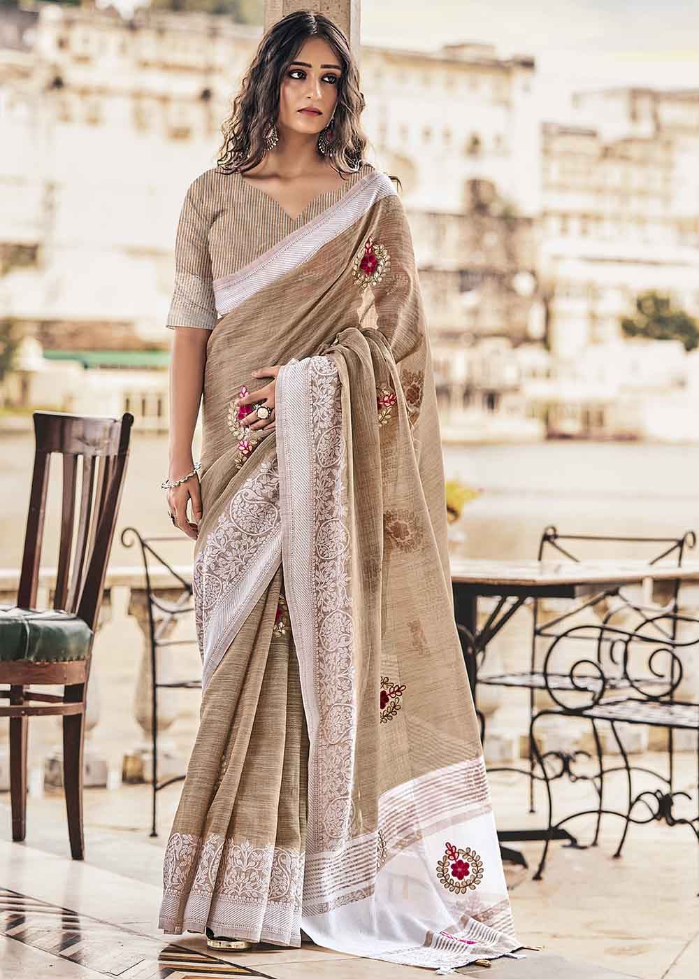 Buy MySilkLove Khaki Light Brown Zari Woven Soft Linen Silk Saree Online