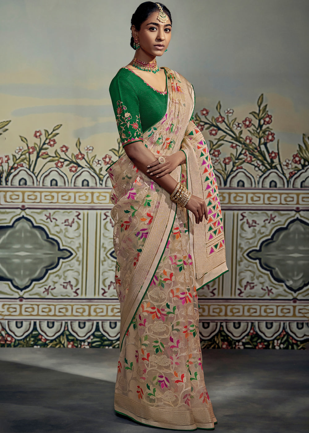 Buy MySilkLove Rodeo Dust Cream and Green Woven Soft Silk Saree with Embroidered Blouse Online