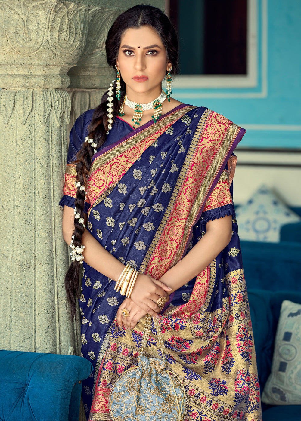 Buy MySilkLove Fiord Blue and Red Zari Woven Banarasi Saree Online