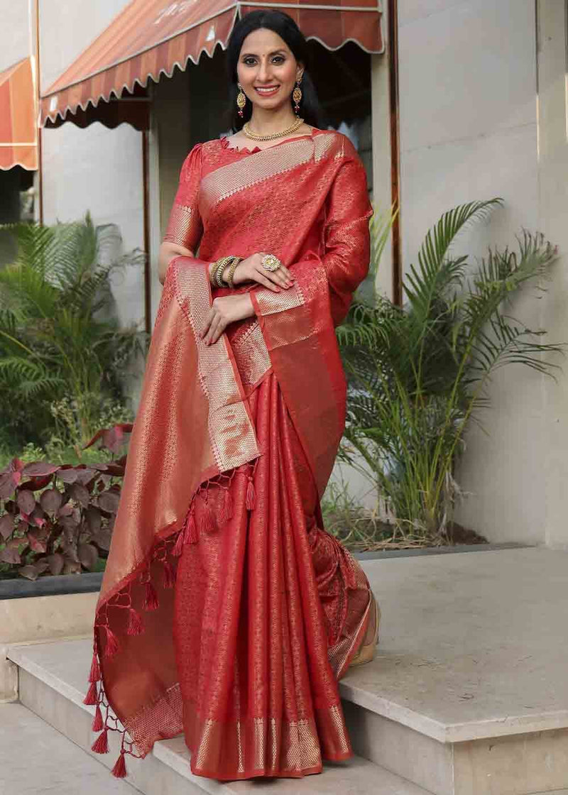 Mojo Red Zari Woven Banarasi Soft Silk Saree