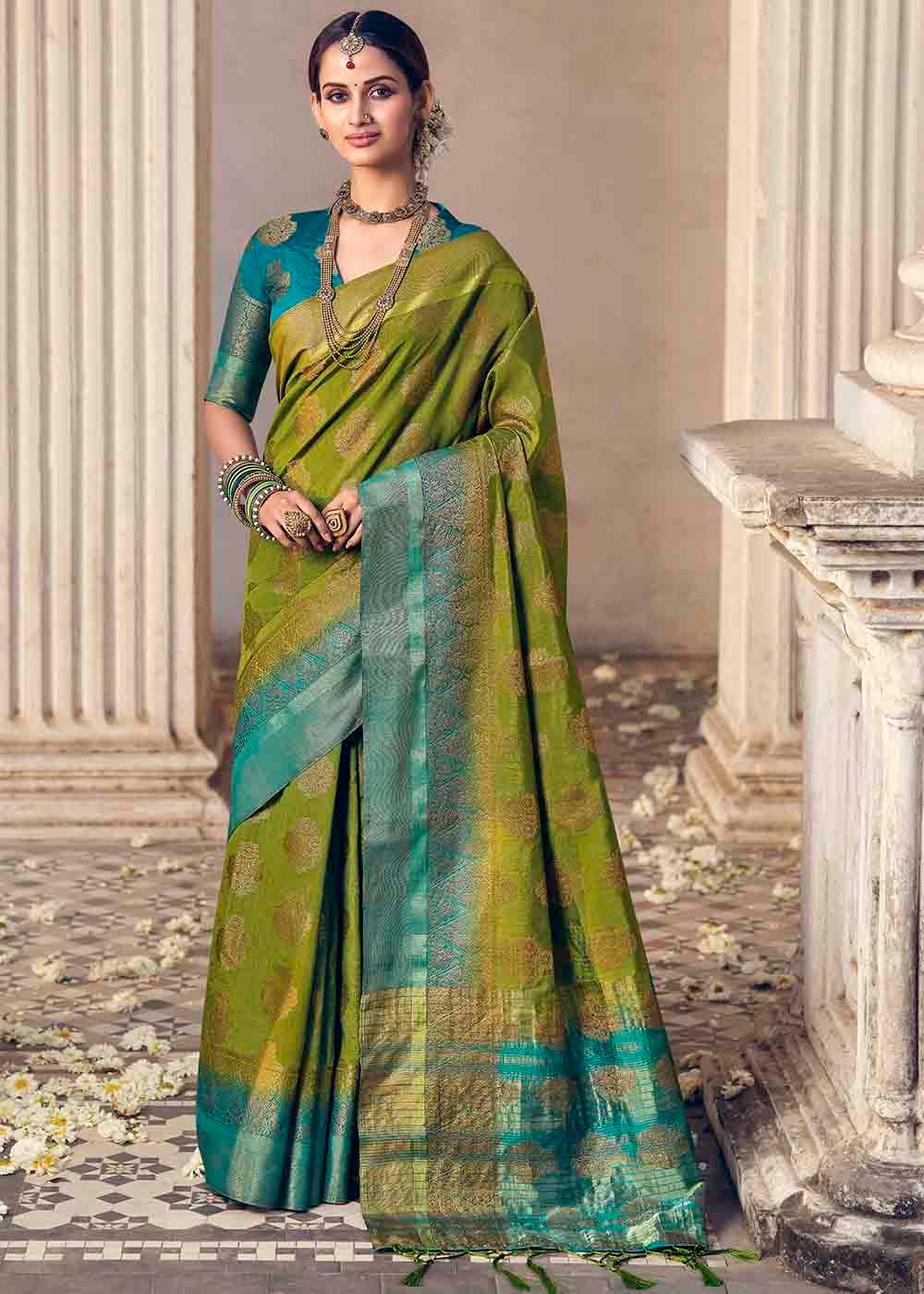 Buy MySilkLove Lemon Green and Blue Zari Woven Banarasi Raw Silk Saree Online