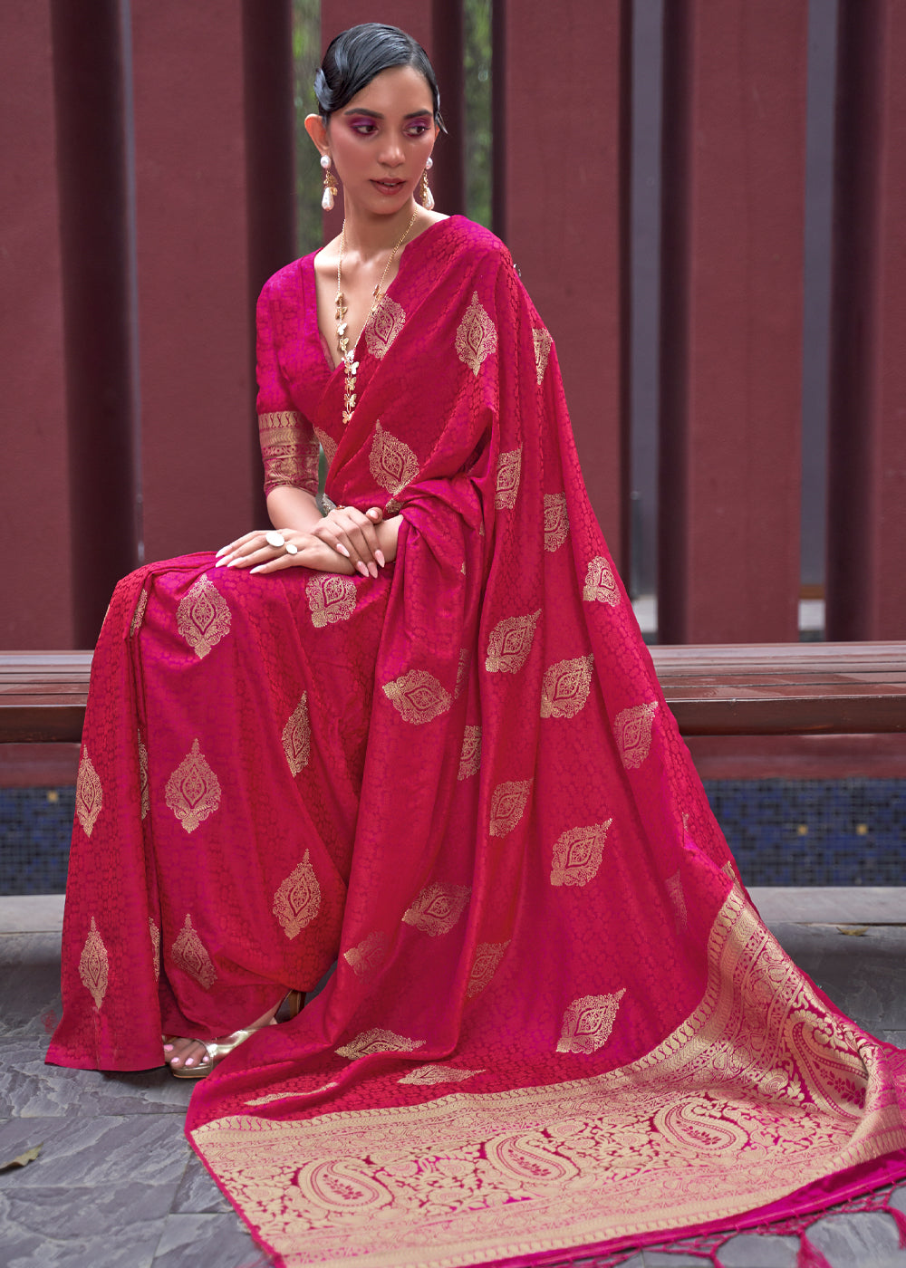 Buy MySilkLove Maroon Flush Pink Banarasi Woven Satin Silk Saree Online