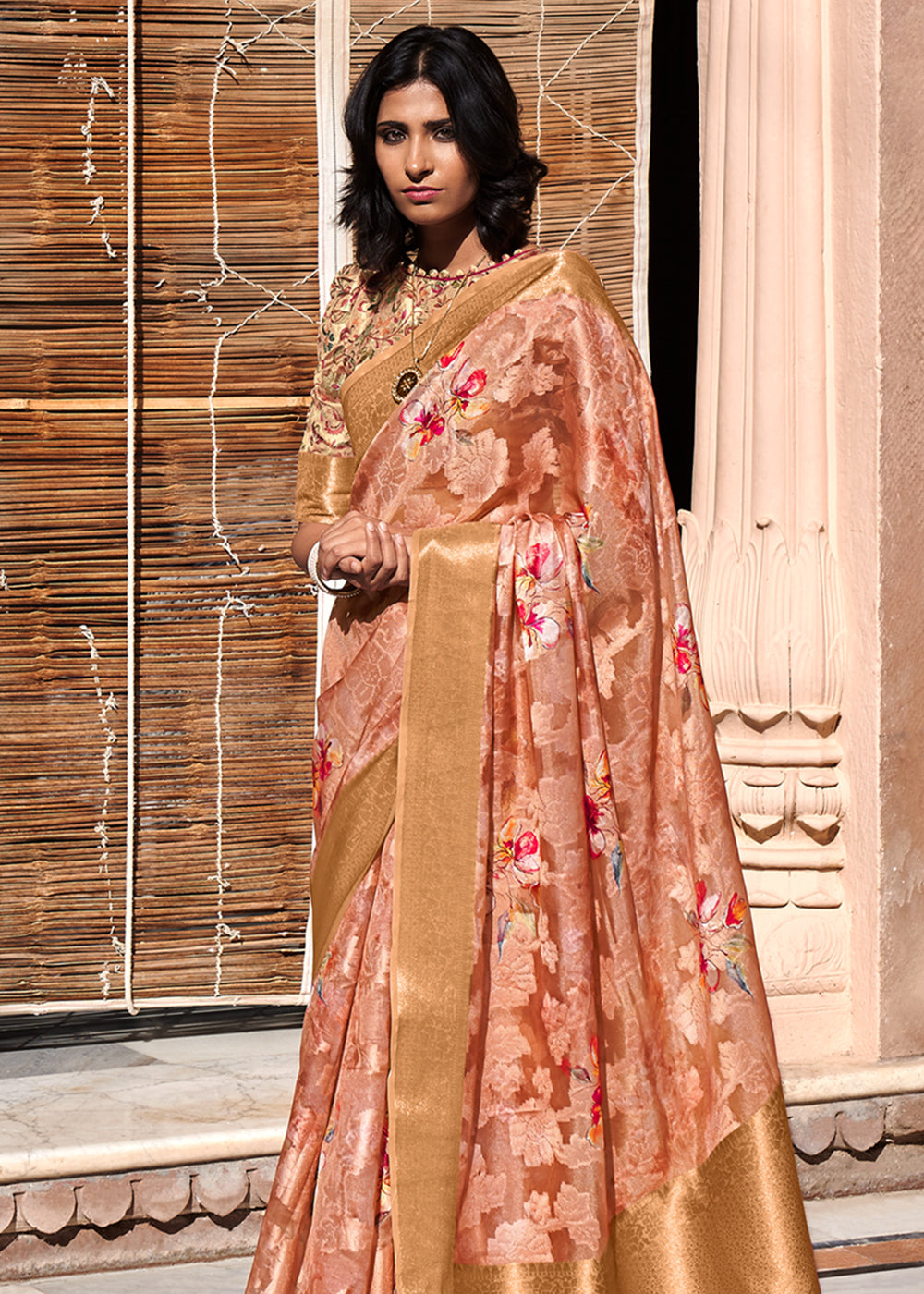 Buy MySilkLove Flower Peach Digital Printed Banarasi Cotton Saree Online