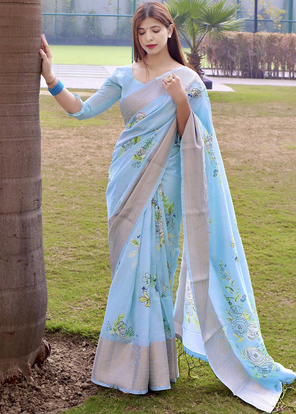 Buy MySilkLove Sail Blue Floral Printed Soft Silk Saree Online