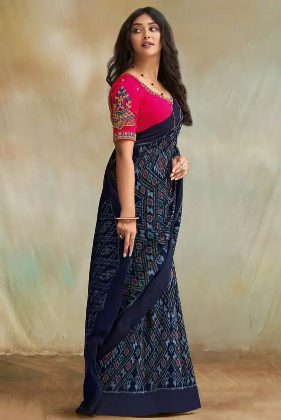 Buy MySilkLove Bright Gray Blue and Pink Pochampally Ikkat Cotton Saree Online