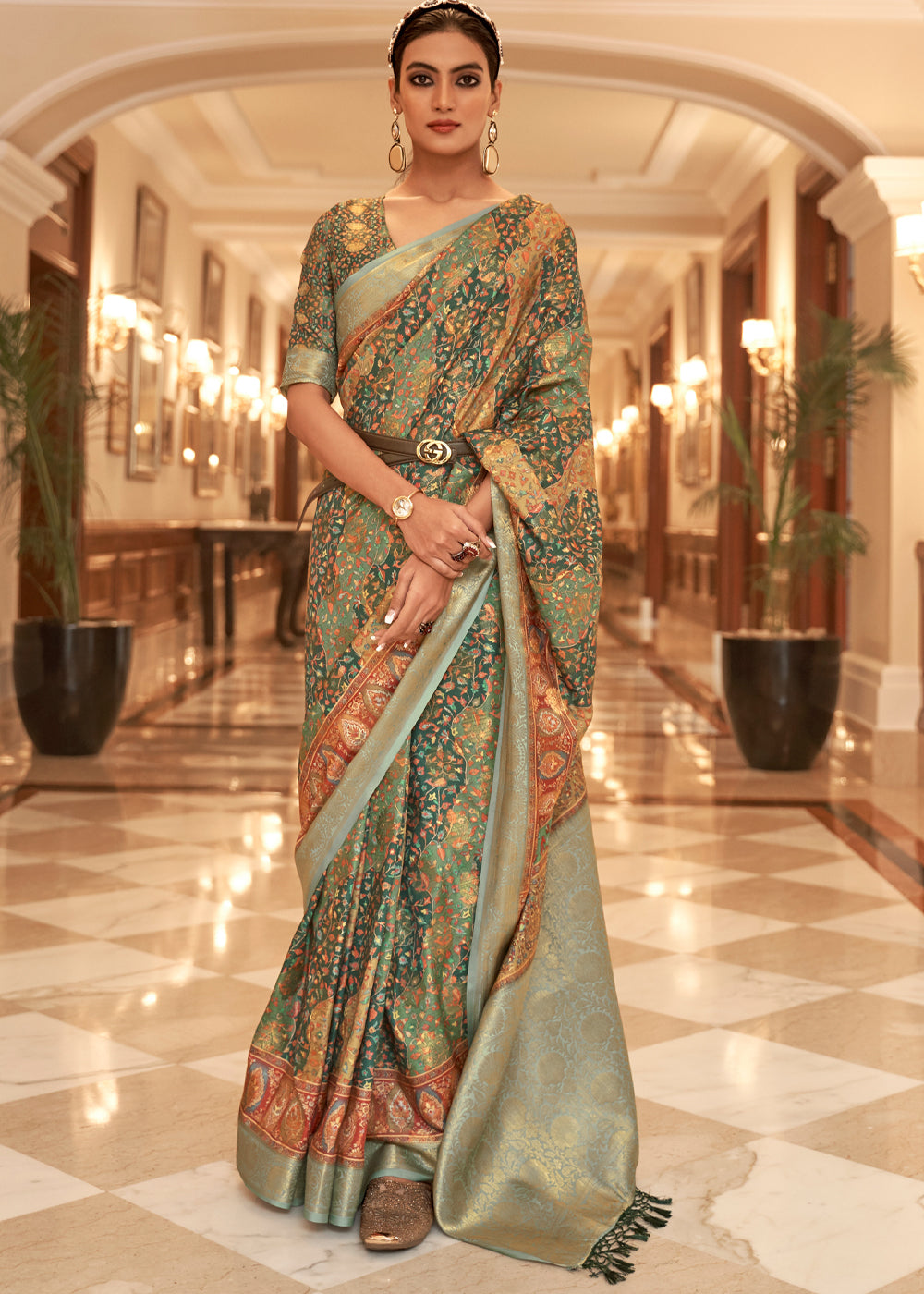 Buy MySilkLove Tallow Green Banarasi Digital Kanni Printed Silk Saree Online