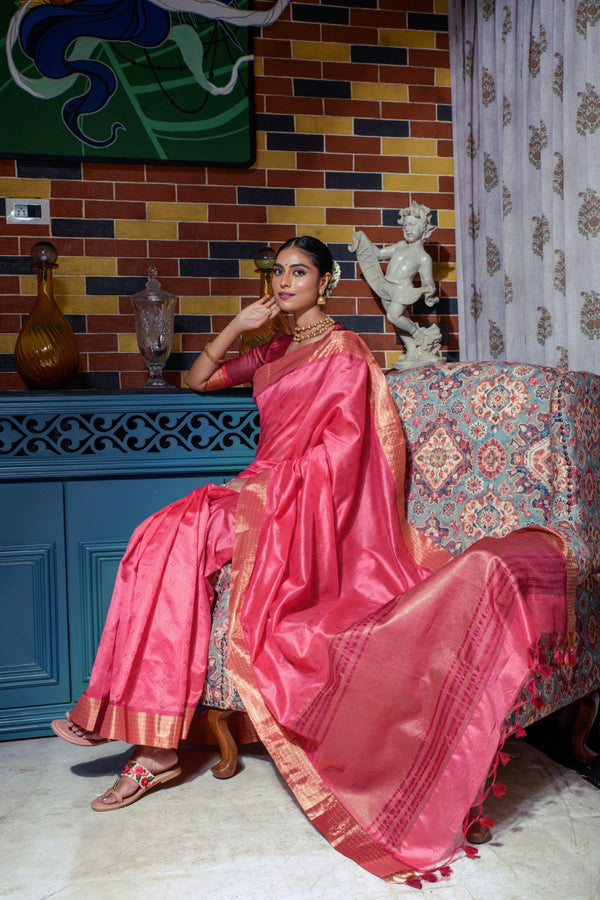 Tickle Pink Banarasi Raw Silk Saree