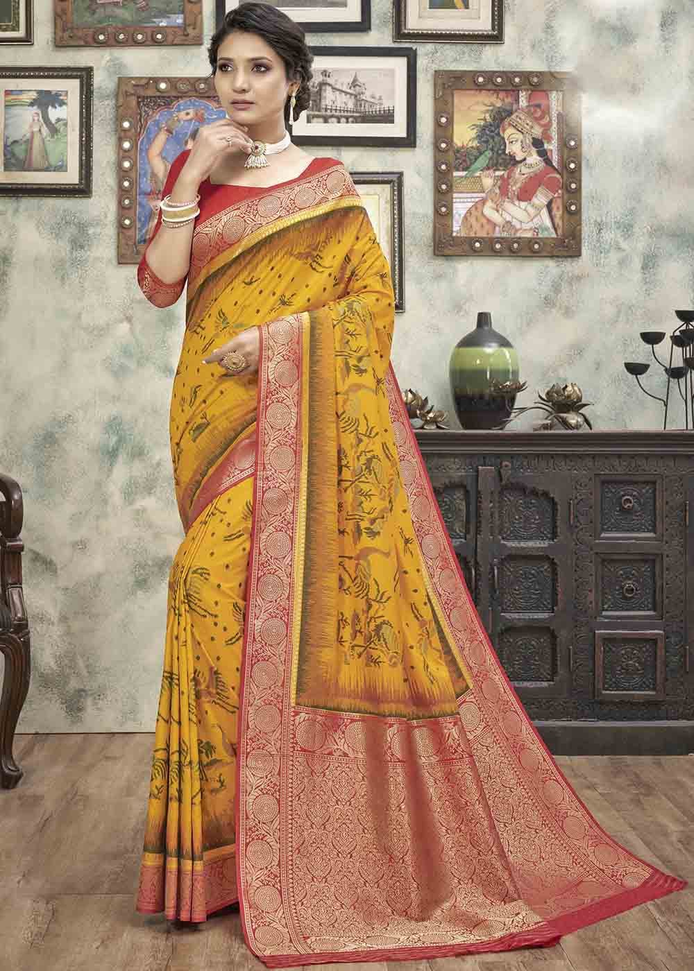 Buy MySilkLove Tulip Tree Yellow and Red Zari Woven Banarasi Silk Saree Online