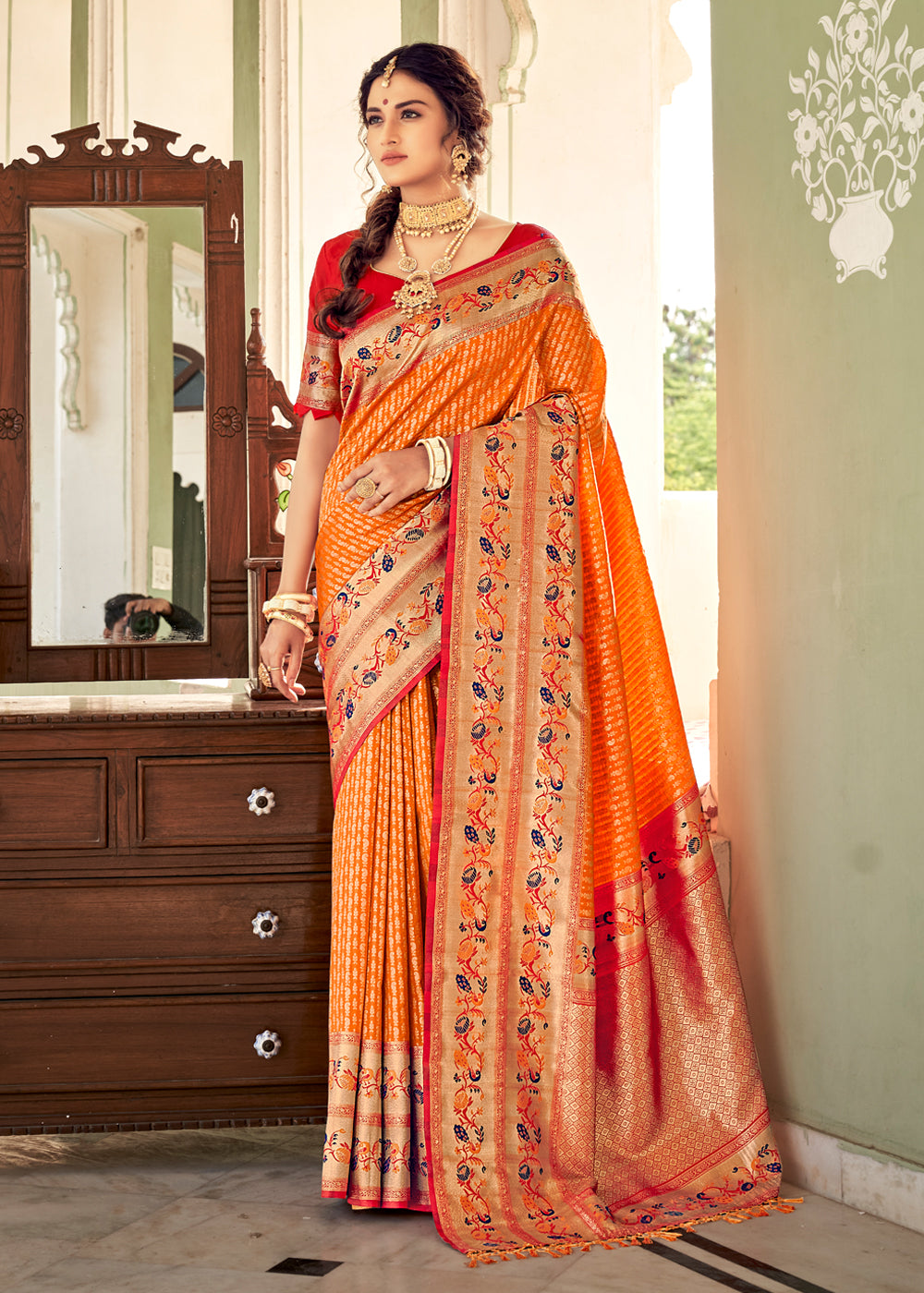 Buy MySilkLove Carrot Orange and Red Zari Woven Banarasi Brocade Saree Online