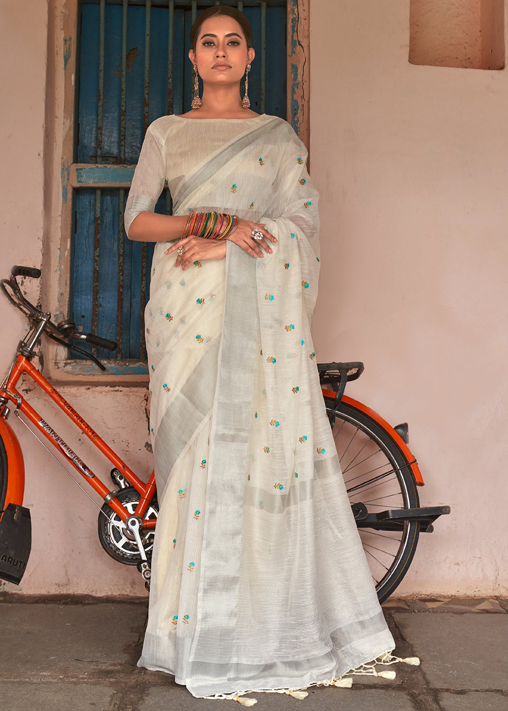 Buy MySilkLove Pearl White Floral Embroidered Linen Saree Online