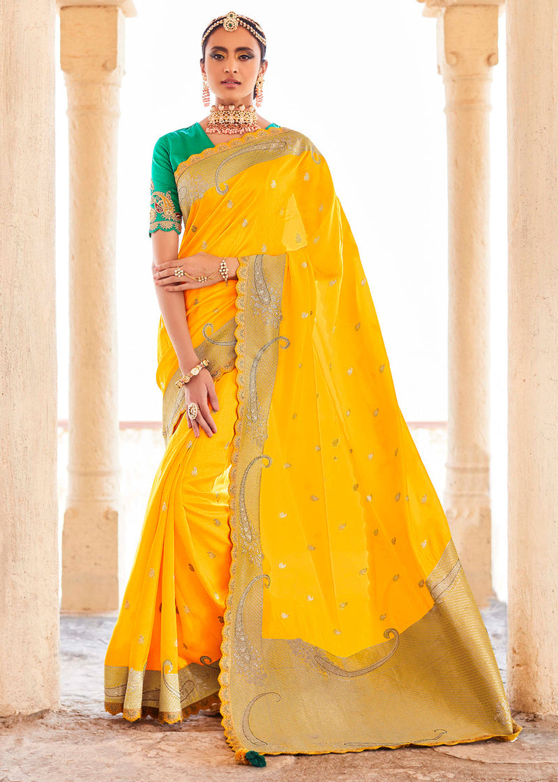 Paris Yellow and Green Zari Woven Designer Banarasi Saree