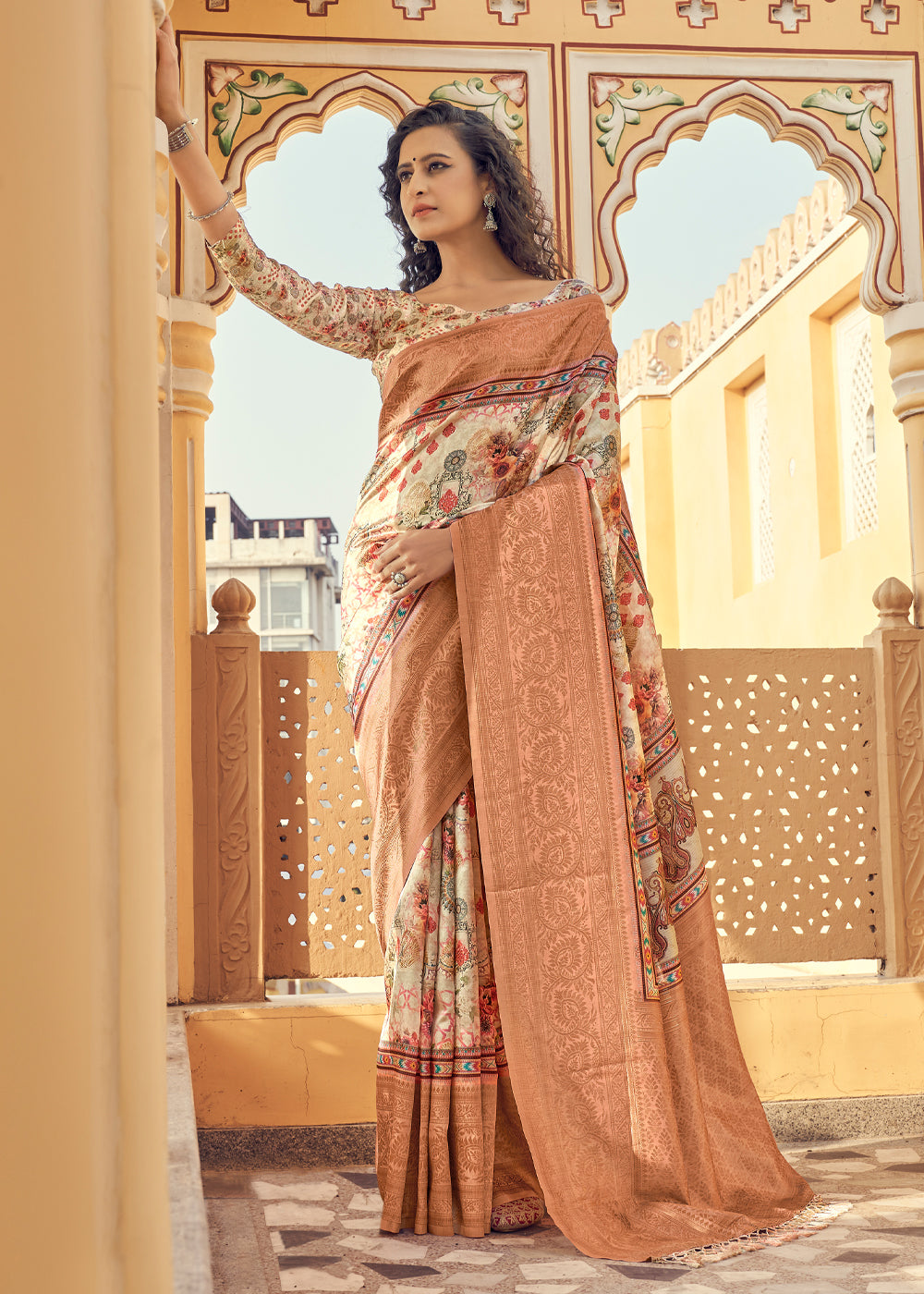 Buy MySilkLove Antique White and Brown Digital Printed Jacquard Silk Saree Online