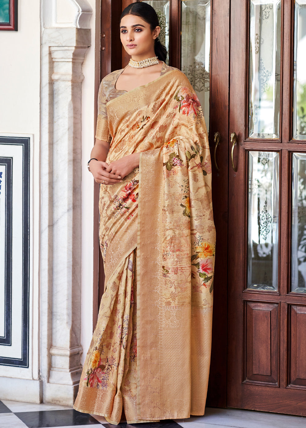 Buy MySilkLove Tan Cream Zari Woven Floral Banarasi Saree Online