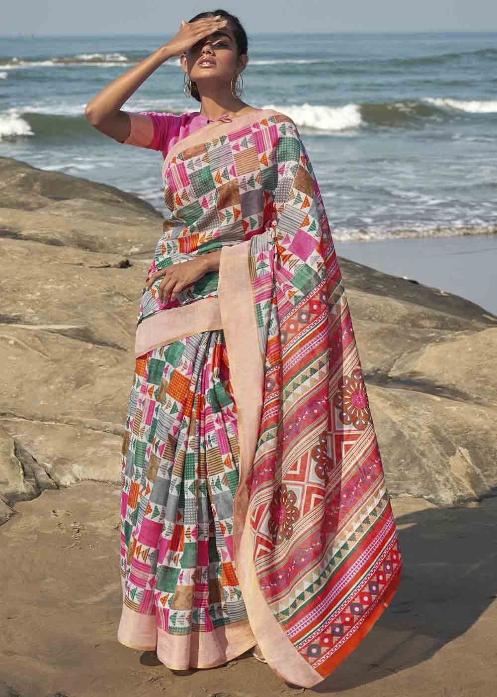 Buy MySilkLove Cinnamon Multicolored Printed Cotton Saree Online