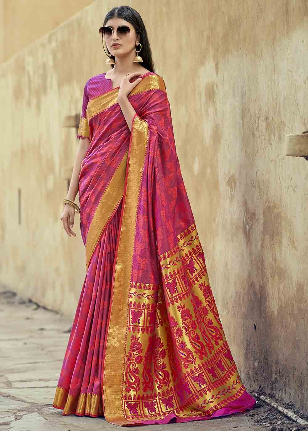 Buy MySilkLove Stiletto Pink Zari Woven Banarasi Silk Saree Online