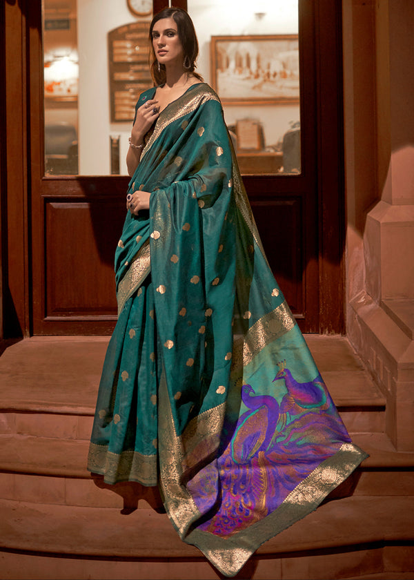 Buy Wedding Wear Peacock Blue Banarasi Silk Woven Zari Saree SARV160649