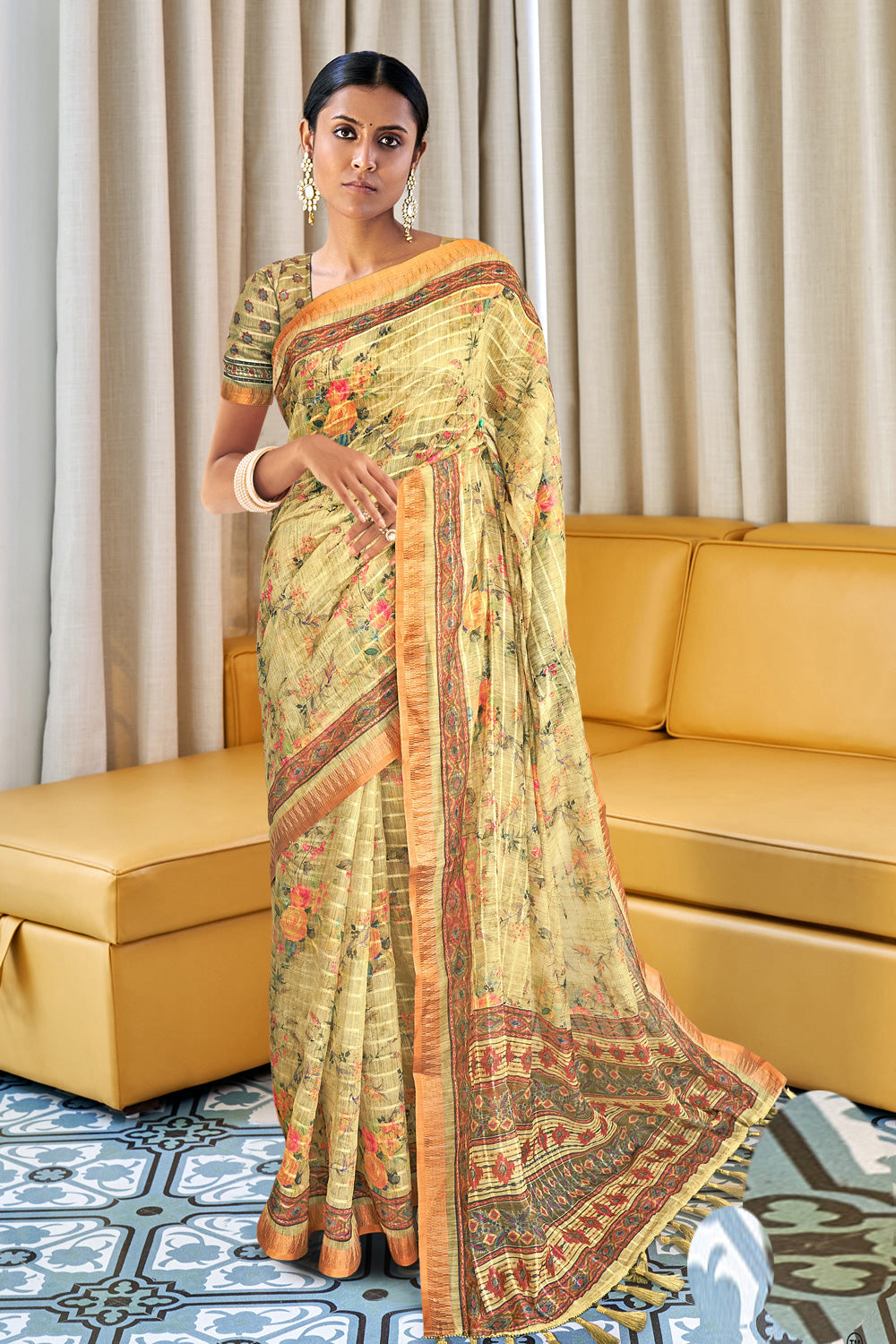 Buy MySilkLove New Orleans Yellow Digital Floral Print Linen Saree Online