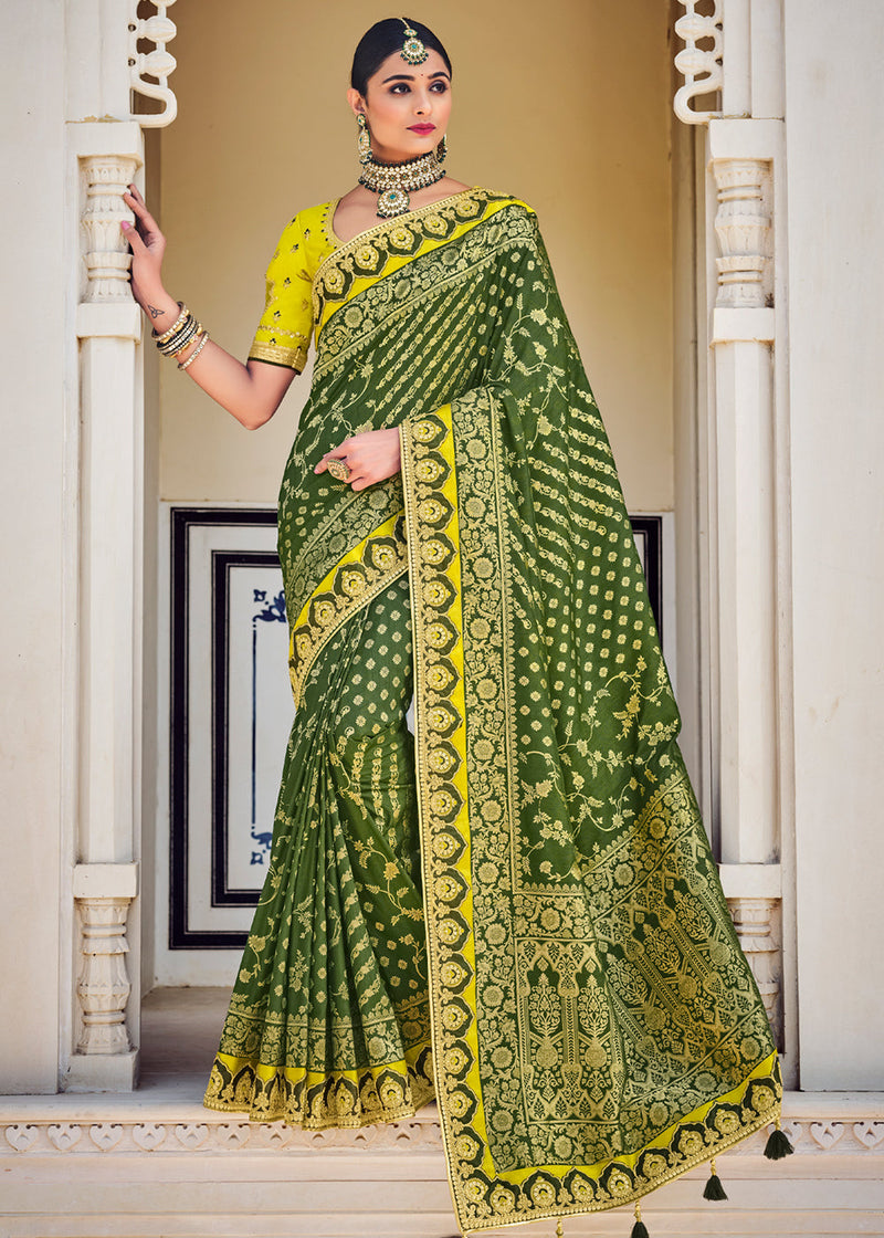 Asparagus Green Zari Woven Designer Banarasi Saree