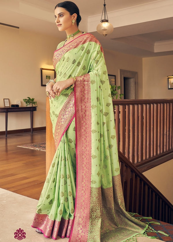 Wild Willow Green Tussar Banarasi Silk Saree