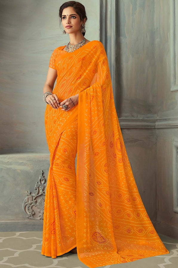 Buy MySilkLove Salomie Orange Chiffon Bandhani Printed Saree Online