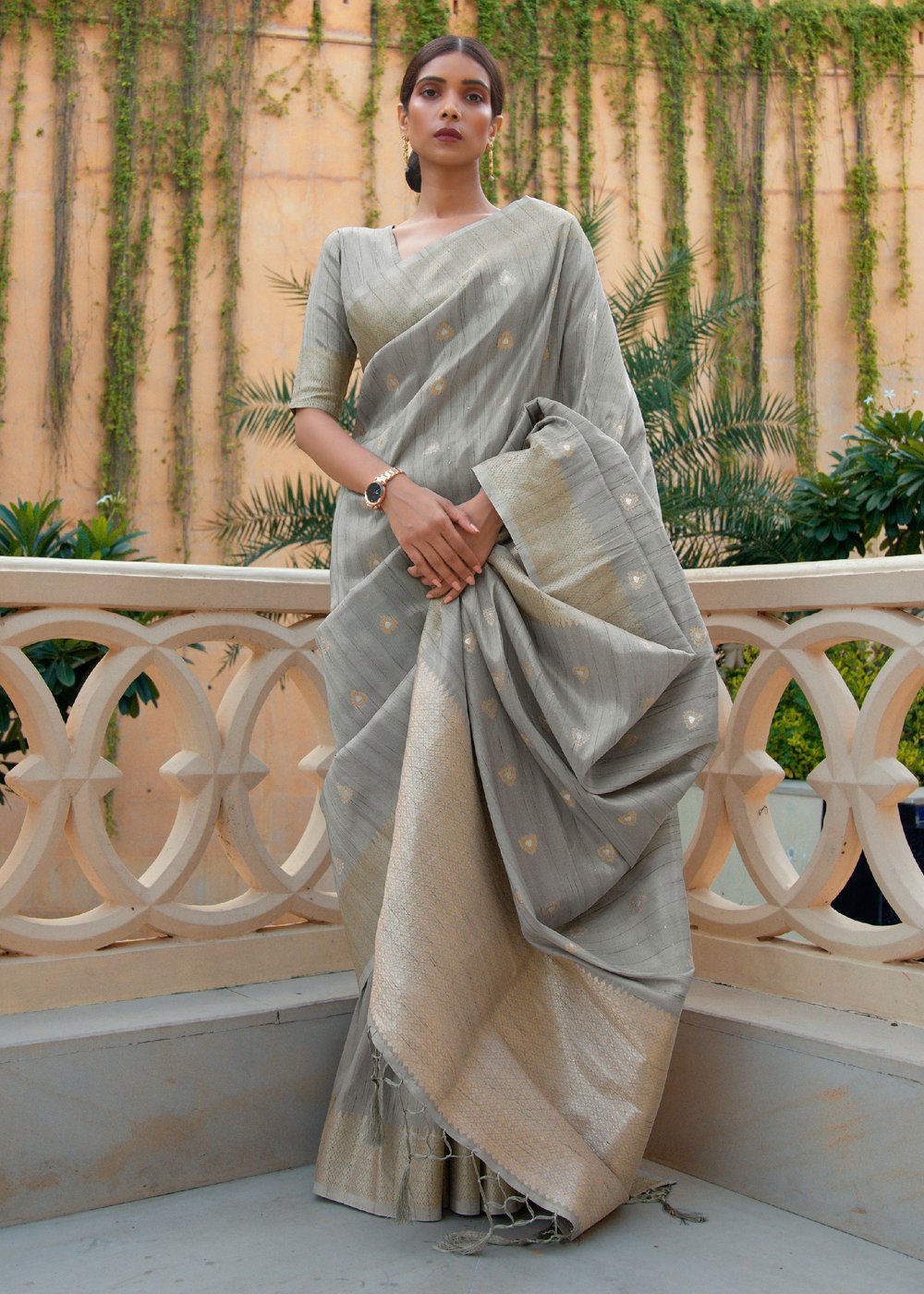 Buy MySilkLove Delta Grey Zari Woven Tussar Silk Saree Online