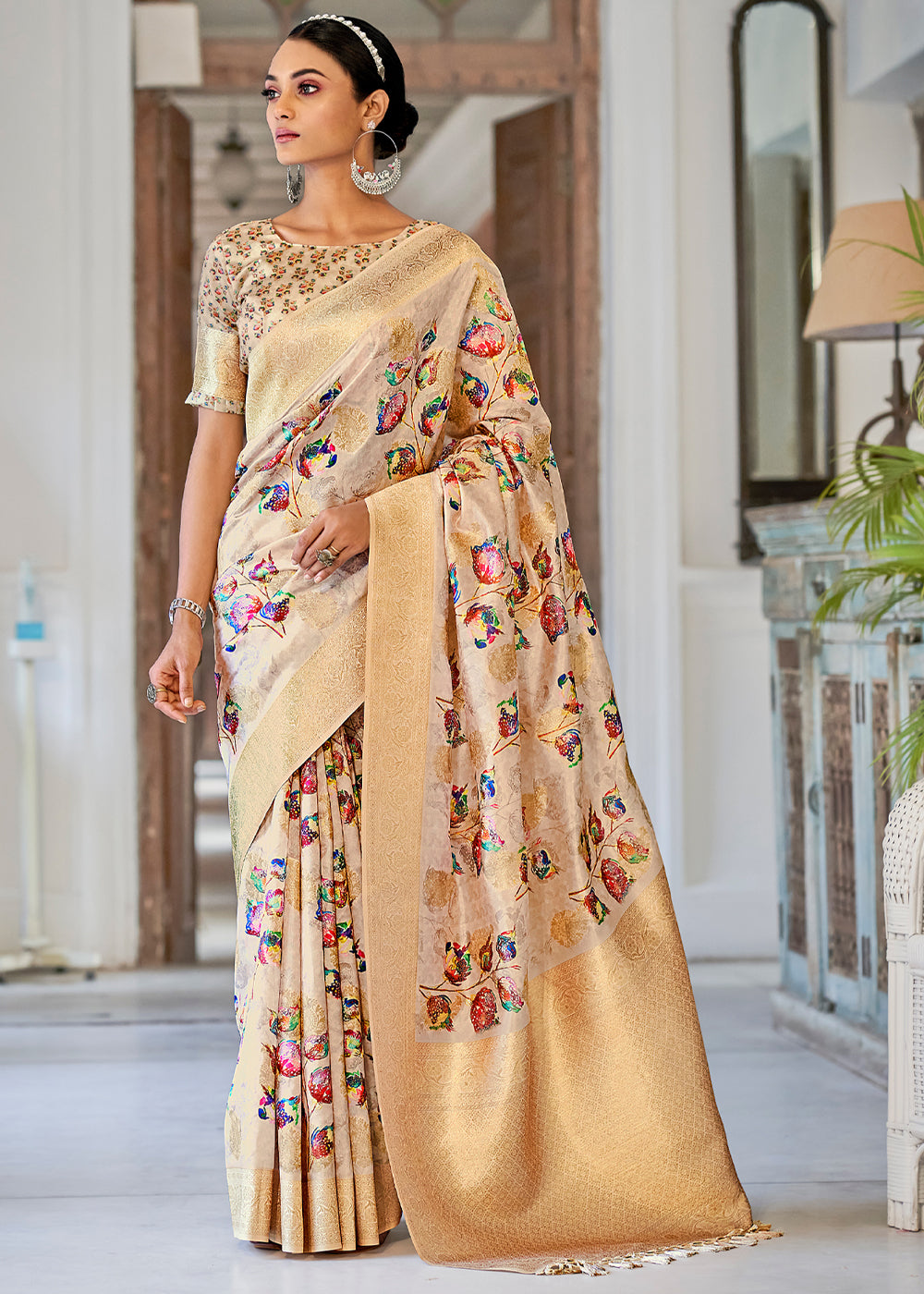 Buy MySilkLove New Orleans Cream Digital Printed Banarasi Saree Online