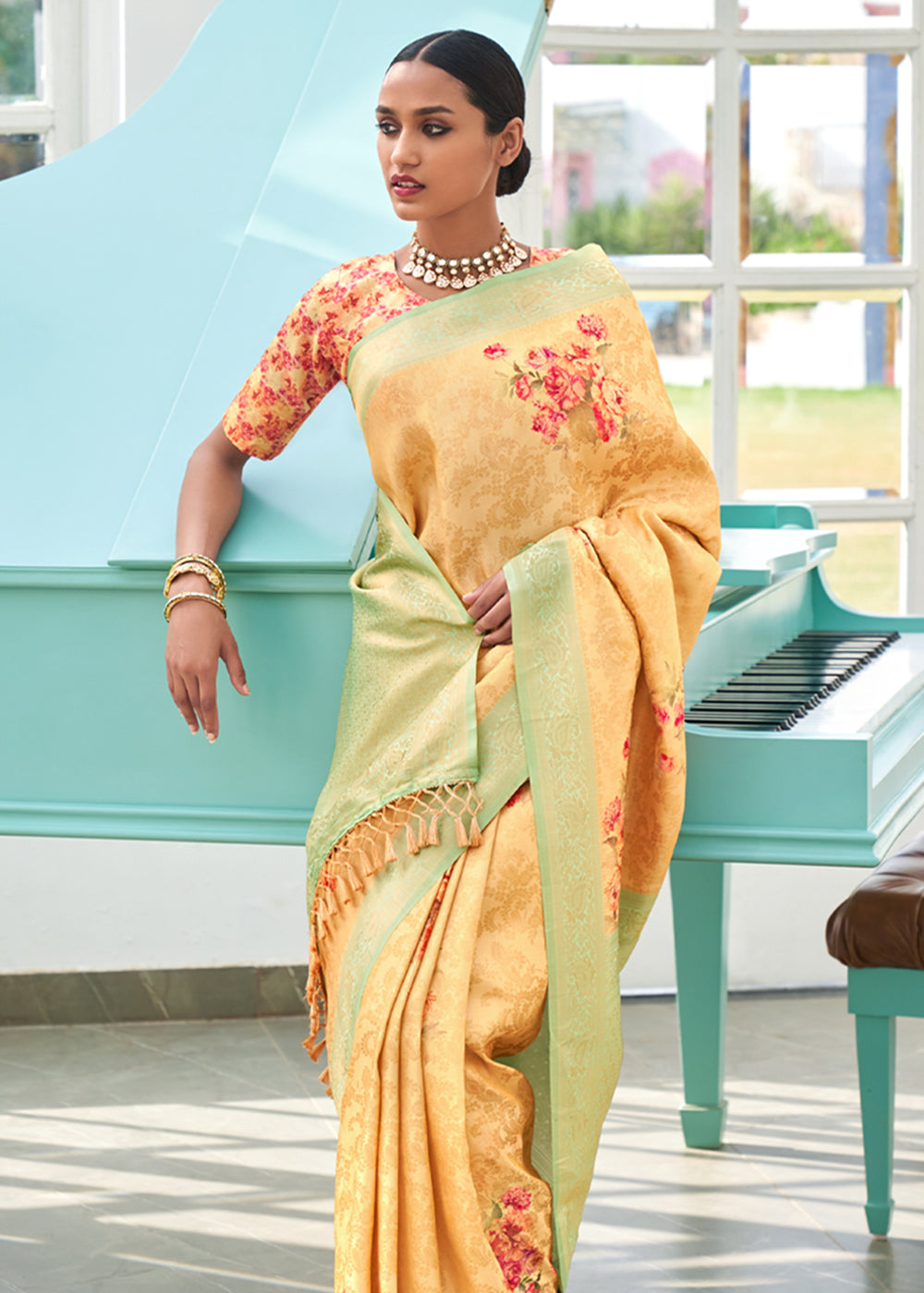 Buy MySilkLove Brulee Yellow Banarasi Jacquard Printed Saree Online