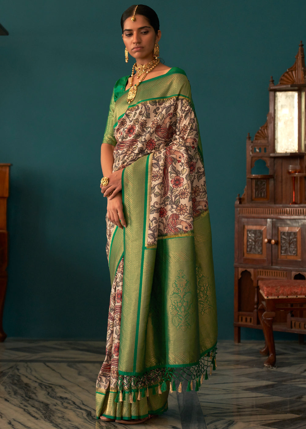 Buy MySilkLove Hippie Green and White Woven Banarasi Tussar Silk Kalamkari Saree Online