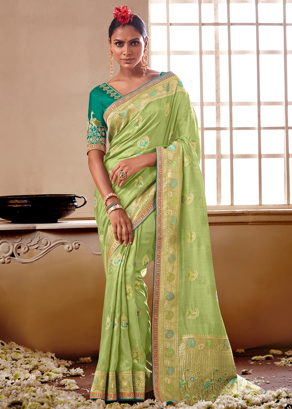 Buy MySilkLove Green Smoke Banarasi Saree with Designer Blouse Online