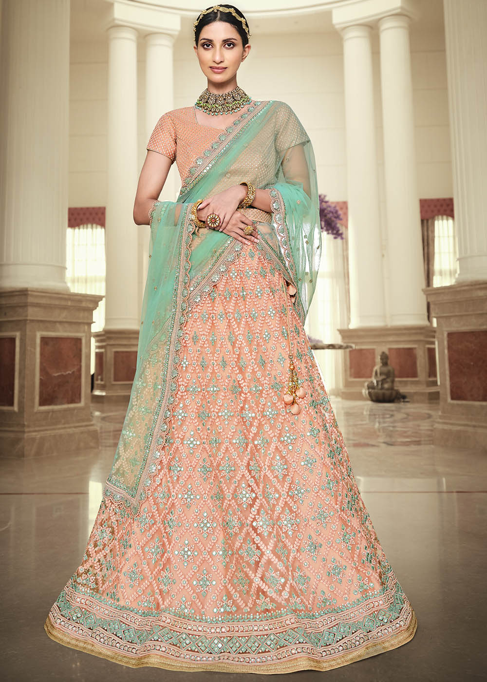 Buy MySilkLove Rose Bud Pink and Sky Blue Net Designer Lehenga With Heavy Embroidered Work Online