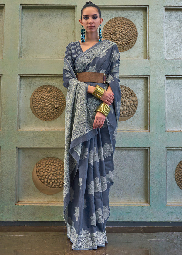 Royal Grey Lucknowi Woven Chikankari Saree