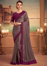 Ferra Grey Purple Embroidered Satin Silk Designer Saree