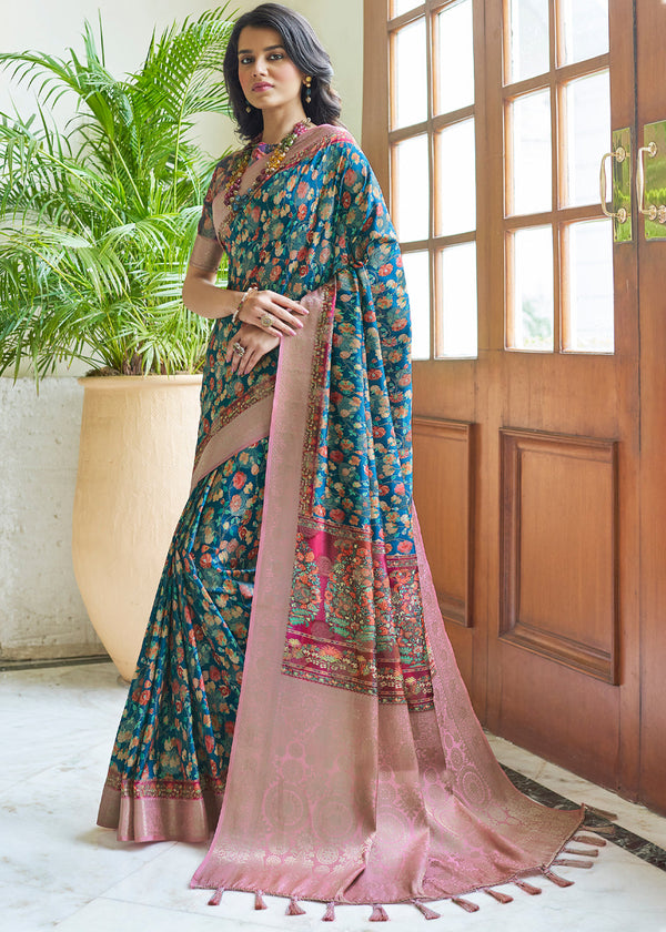 Bismark Blue Banarasi Saree with Jamewar Print
