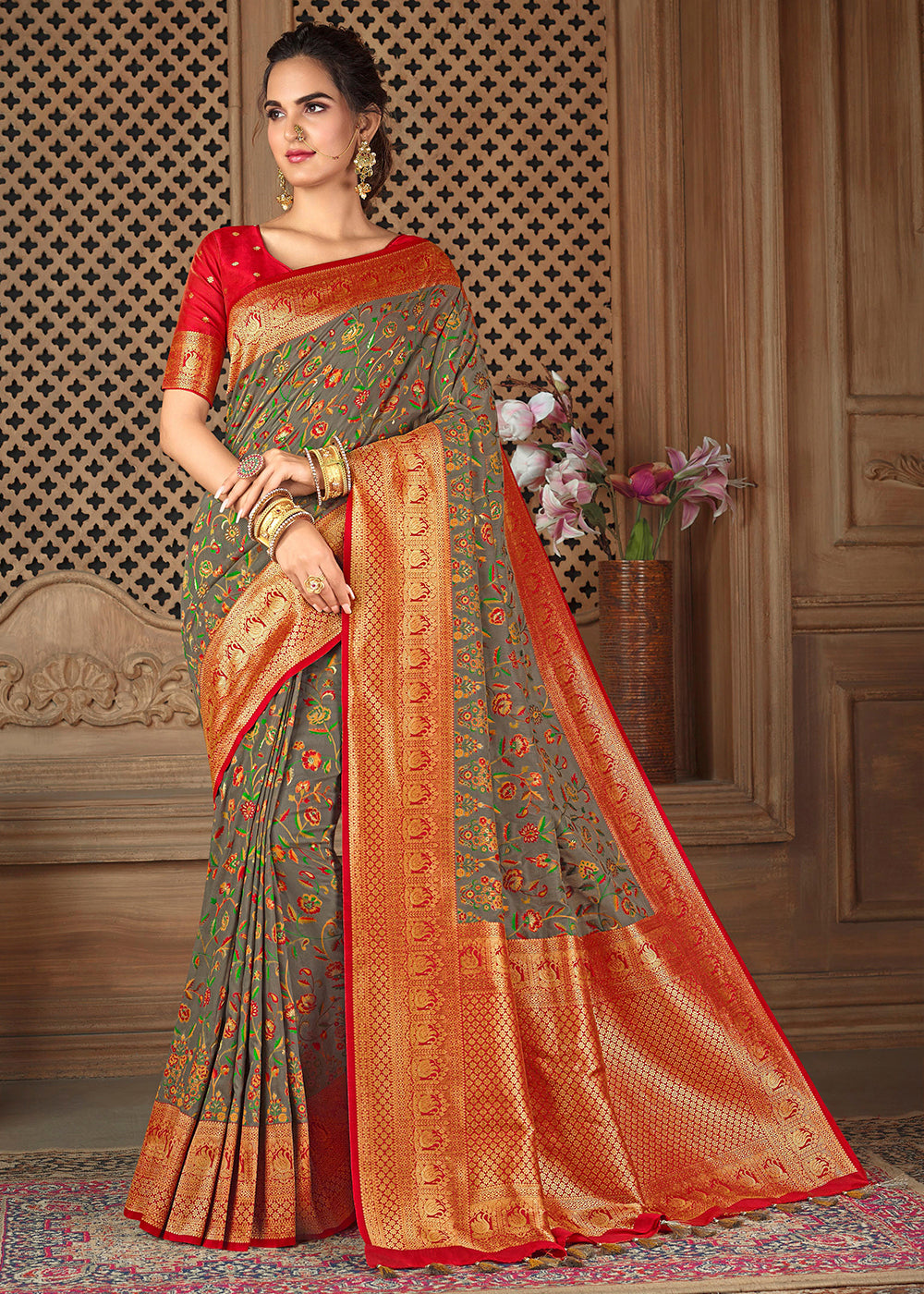 Buy MySilkLove Shadow Grey and Red Zari Woven Banarasi Saree Online